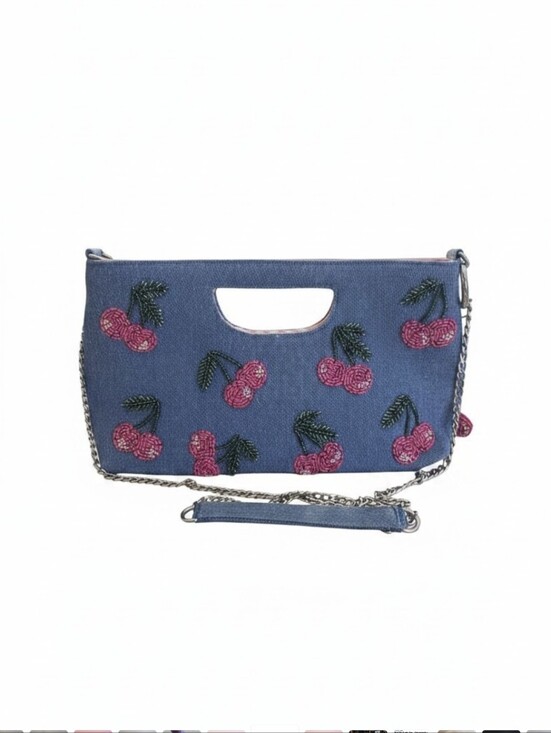 Handmade Handbags - India Hand-made  NWT Denim Cherry Embroidered Crossbody Bag - Blue